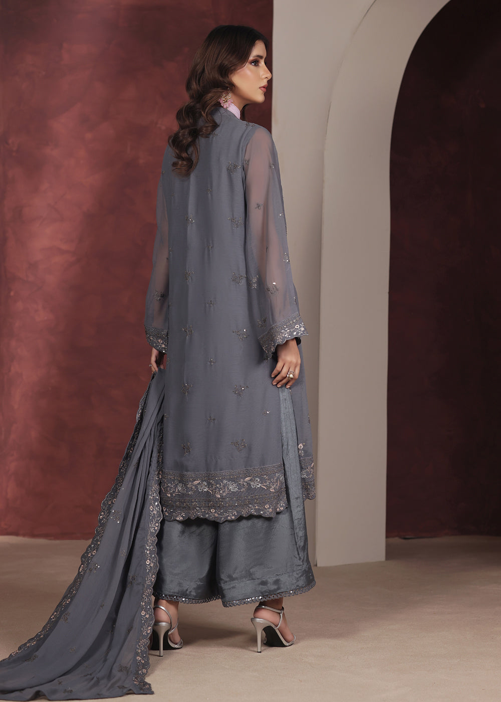 Luxury Embroidered Chiffon 3 Piece Suit Graphite Gray Main image