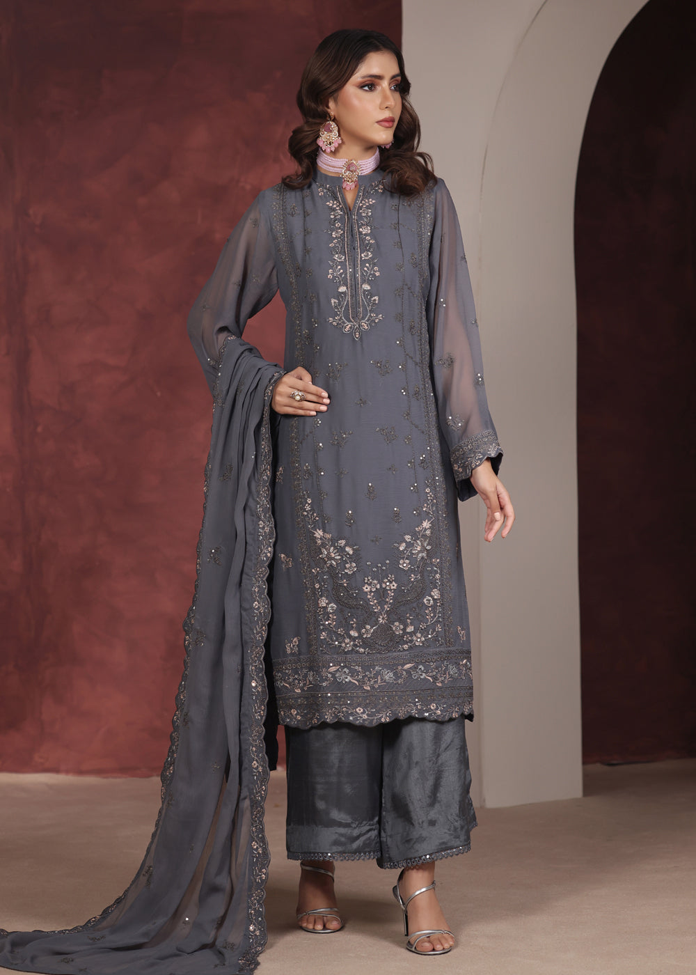 Luxury Embroidered Chiffon 3 Piece Suit Graphite Gray