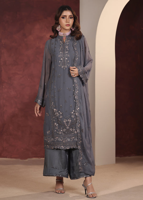 Luxury Embroidered Chiffon 3 Piece Suit Graphite Gray