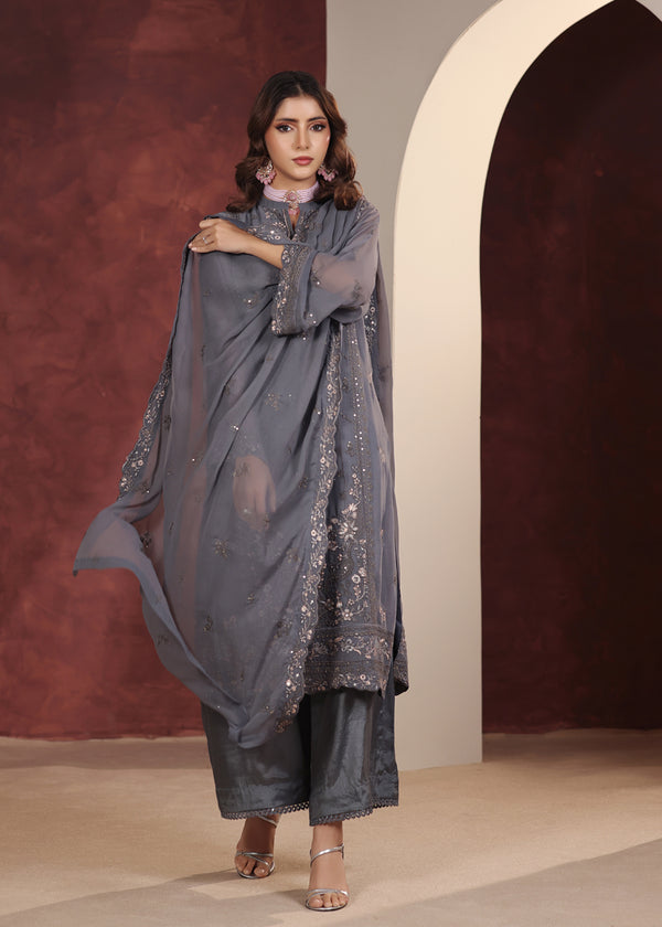 Luxury Embroidered Chiffon 3 Piece Suit Graphite Gray