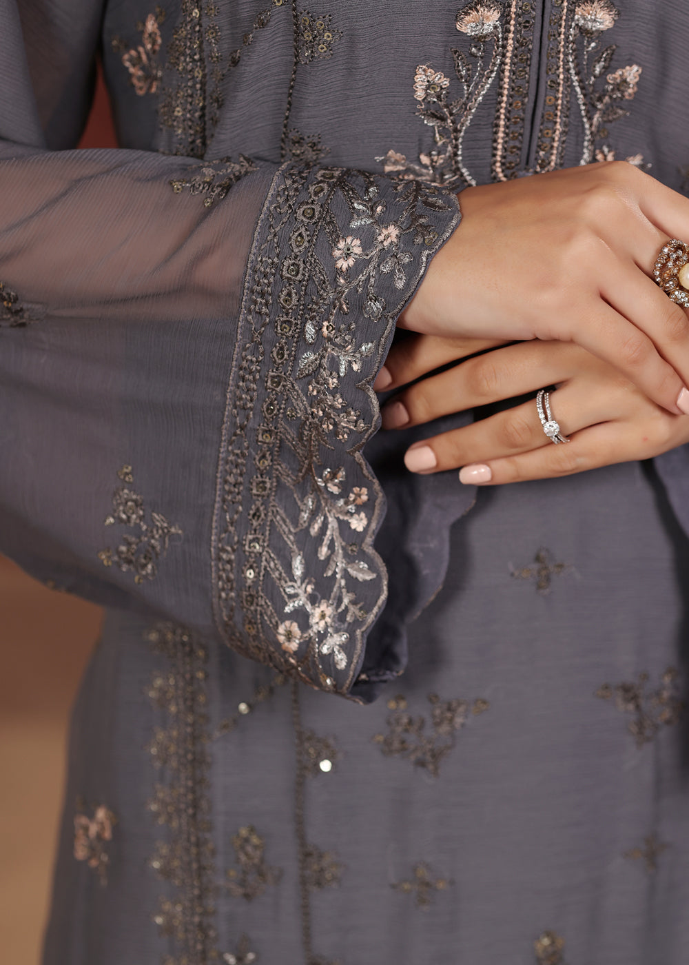 Luxury Embroidered Chiffon 3 Piece Suit Graphite Gray