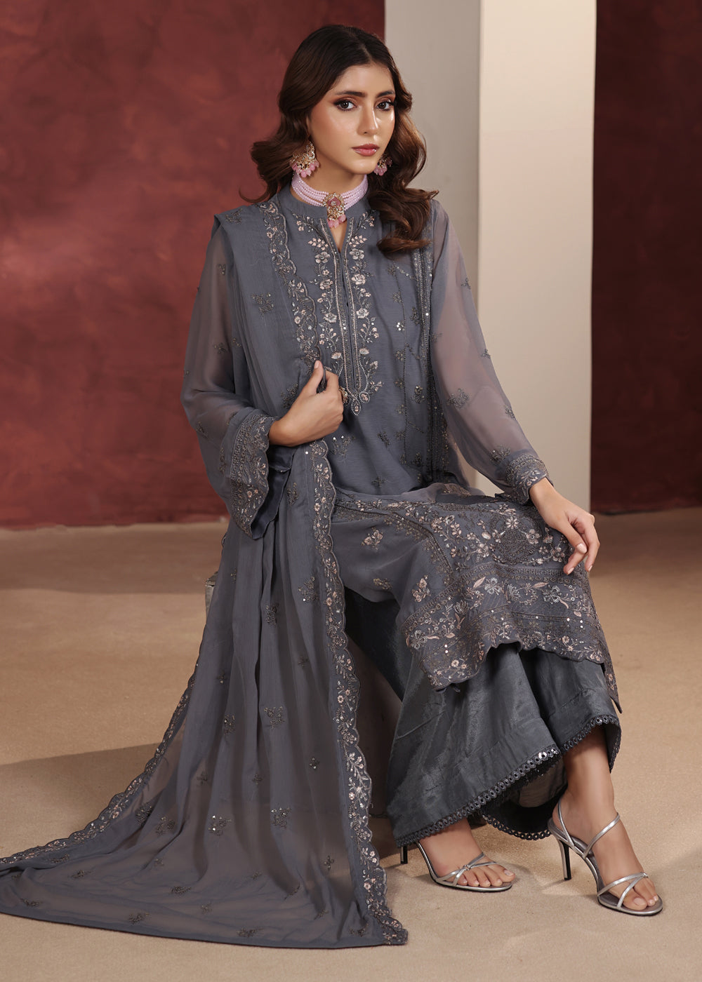 Luxury Embroidered Chiffon 3 Piece Suit Graphite Gray