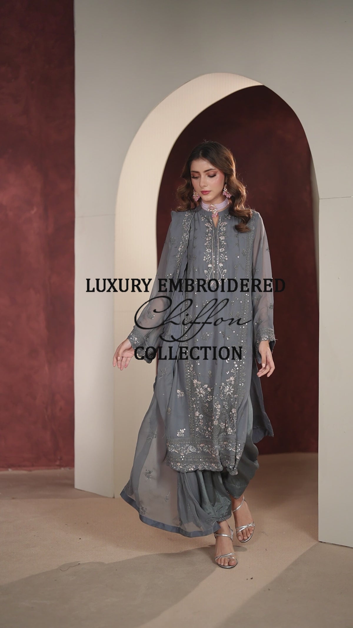 Luxury Embroidered Chiffon 3 Piece Suit Graphite Gray
