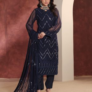 Luxury Embroidered Chiffon 3 Piece Suit – Prussian Blue